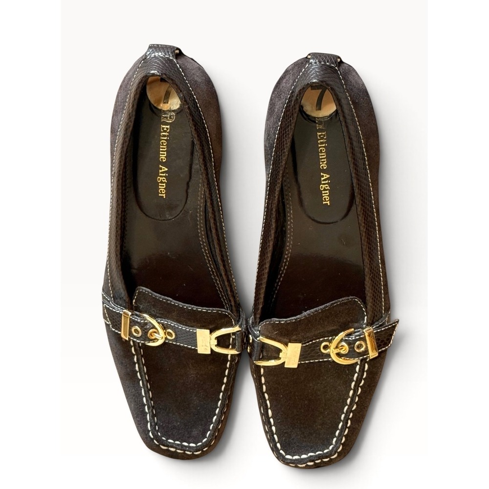 Etienne Aigner SEMPEST Brown Suede Faux Python Buckle Loafers Square Toe Size 7 - Picture 2 of 10